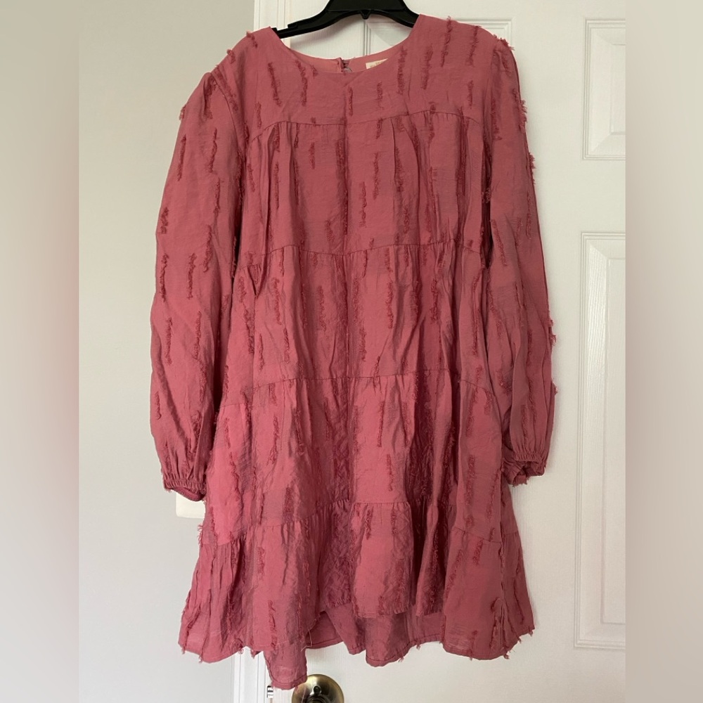 Textured Pink Long Sleeve Babydoll Dress